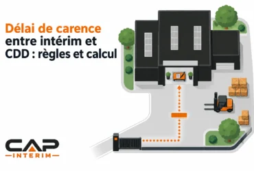 Illustration d’un site industriel avec bâtiment principal, arbres et pallets, montrant une flèche verticale orange reliant