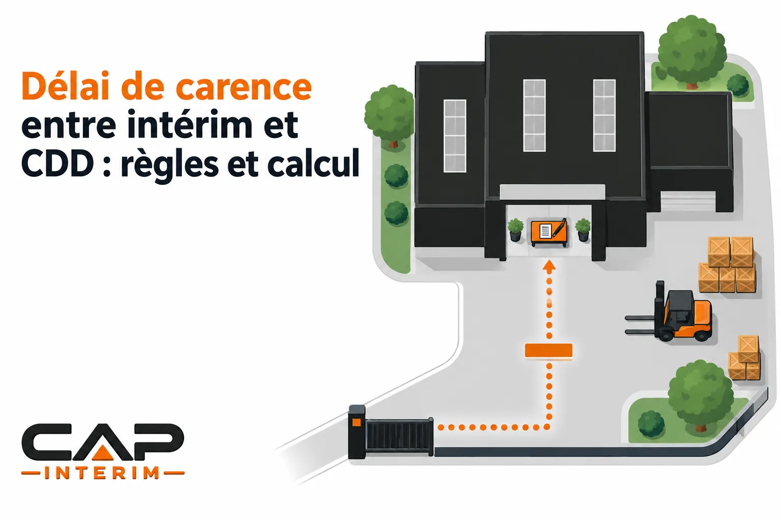 Illustration d’un site industriel avec bâtiment principal, arbres et pallets, montrant une flèche verticale orange reliant