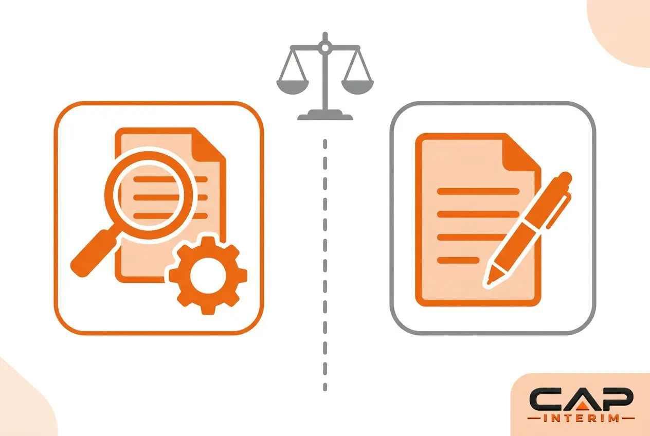 Illustration montrant d’un côté une loupe sur un document et une roue dentée, de l’autre côté un document avec une plume, séparés par une balance symbolisant le coût du coût d'un intérimaire pour une entreprise.