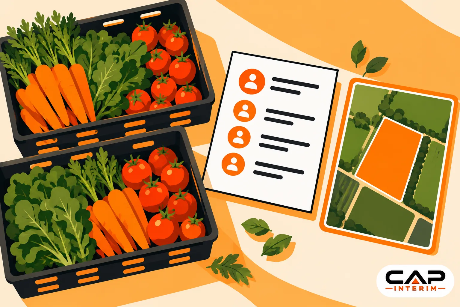 Illustration montrant des paniers de légumes et une fiche de recrutement avec des portraits stylisés.