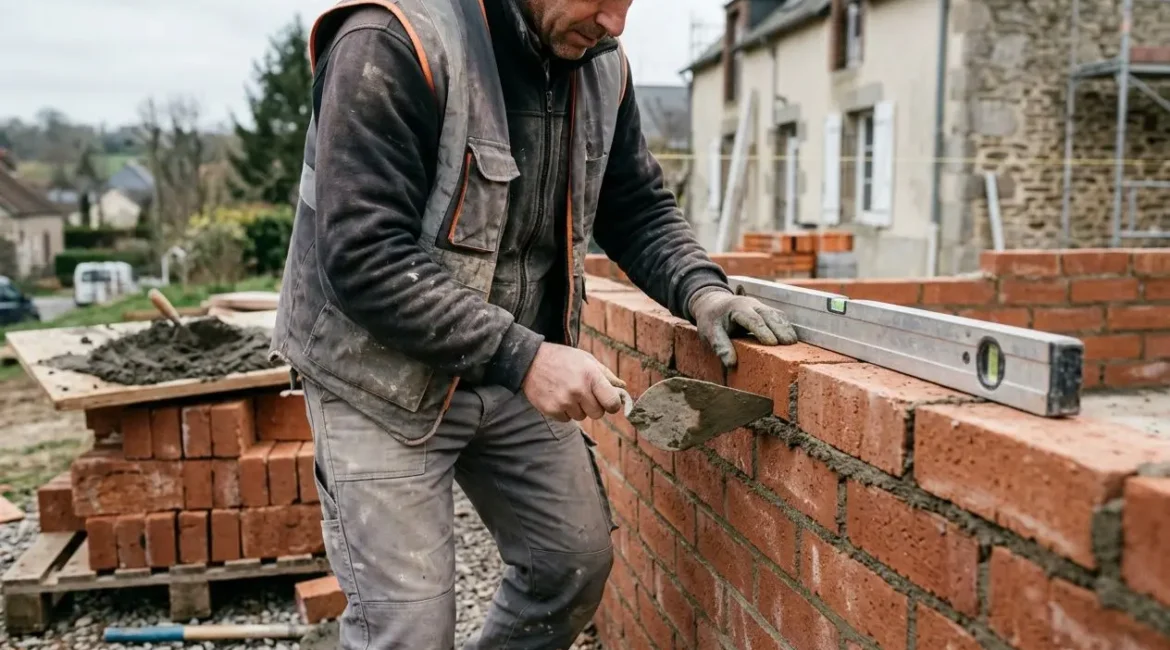 Maçon en action posant des briques rouges pour bâtir un mur, outils à proximité et terrain de chantier. Trouver un maçon rapidement près de chez vous.