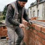 Maçon en action posant des briques rouges pour bâtir un mur, outils à proximité et terrain de chantier. Trouver un maçon rapidement près de chez vous.