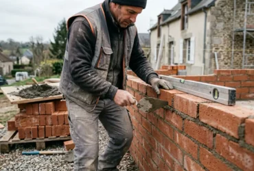 Maçon en action posant des briques rouges pour bâtir un mur, outils à proximité et terrain de chantier. Trouver un maçon rapidement près de chez vous.