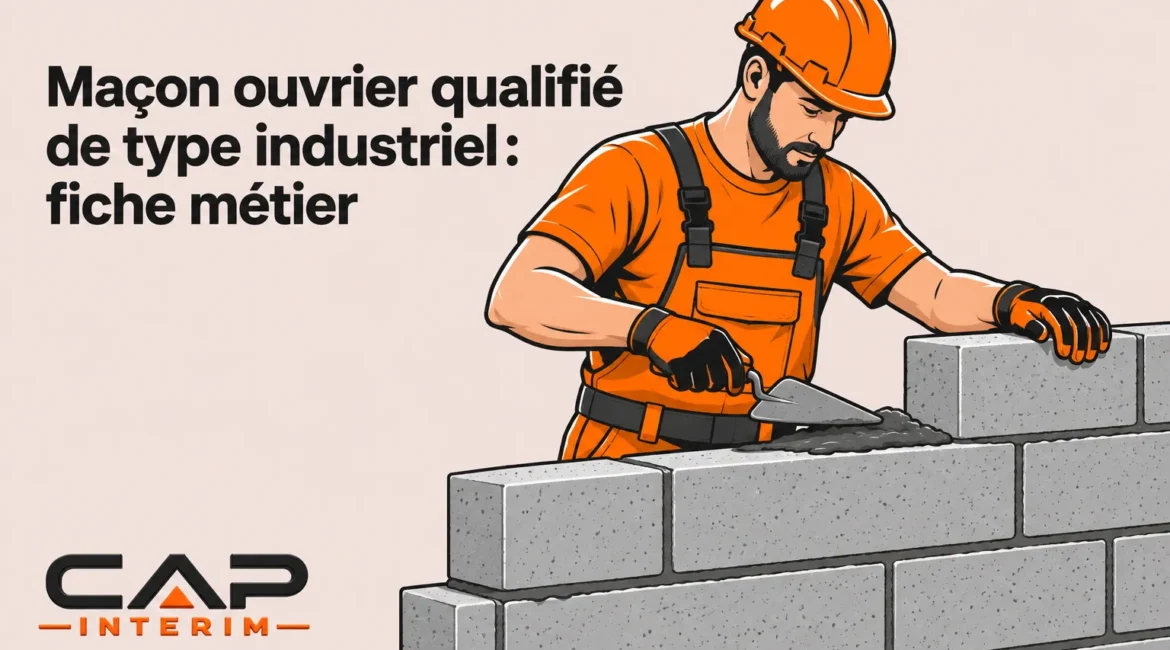 Un maçon portant un casque orange étale du mortier sur un mur de parpaings.