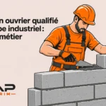 Un maçon portant un casque orange étale du mortier sur un mur de parpaings.