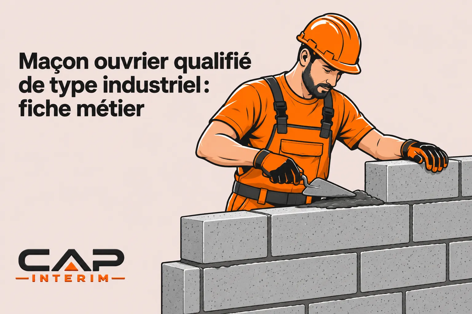 Un maçon portant un casque orange étale du mortier sur un mur de parpaings.