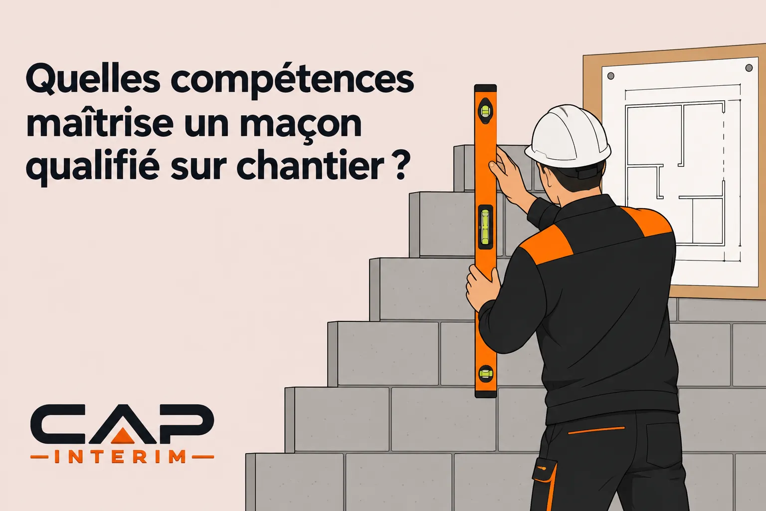 Un maçon portant un casque vérifie un mur de parpaings avec un niveau à bulle.