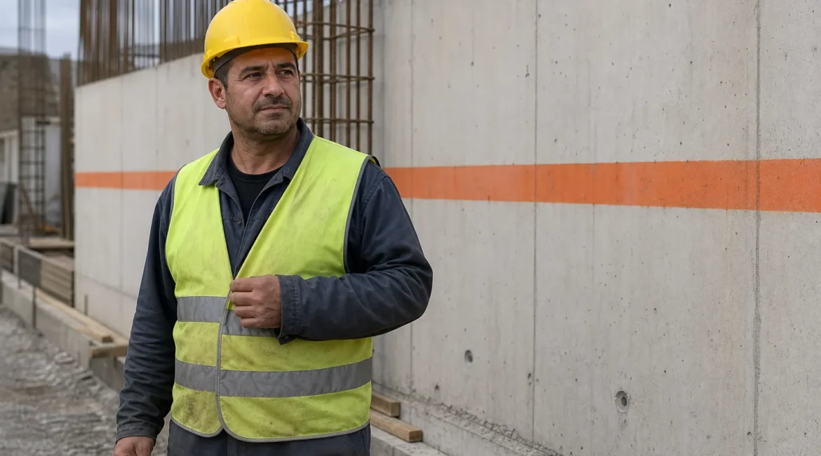 Ouvrier sur un chantier, gilet jaune et casque, près d’un mur en béton avec bande orange.