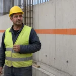 Ouvrier sur un chantier, gilet jaune et casque, près d’un mur en béton avec bande orange.