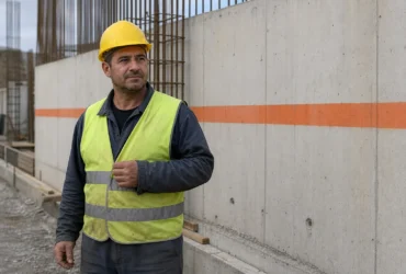 Ouvrier sur un chantier, gilet jaune et casque, près d’un mur en béton avec bande orange.