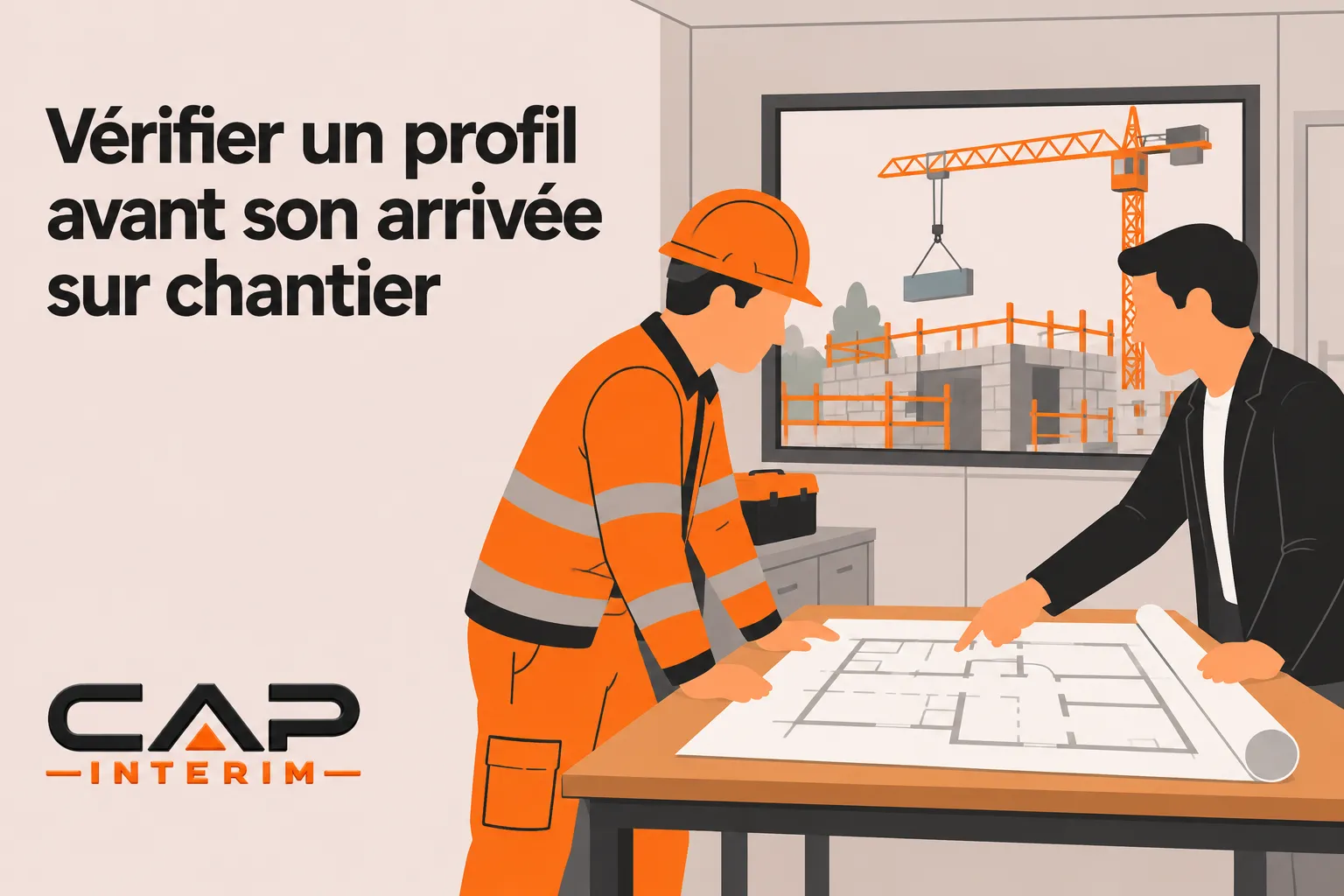 Un ouvrier de chantier et un homme examinent un plan sur une table, près d’une fenêtre donnant sur une grue.