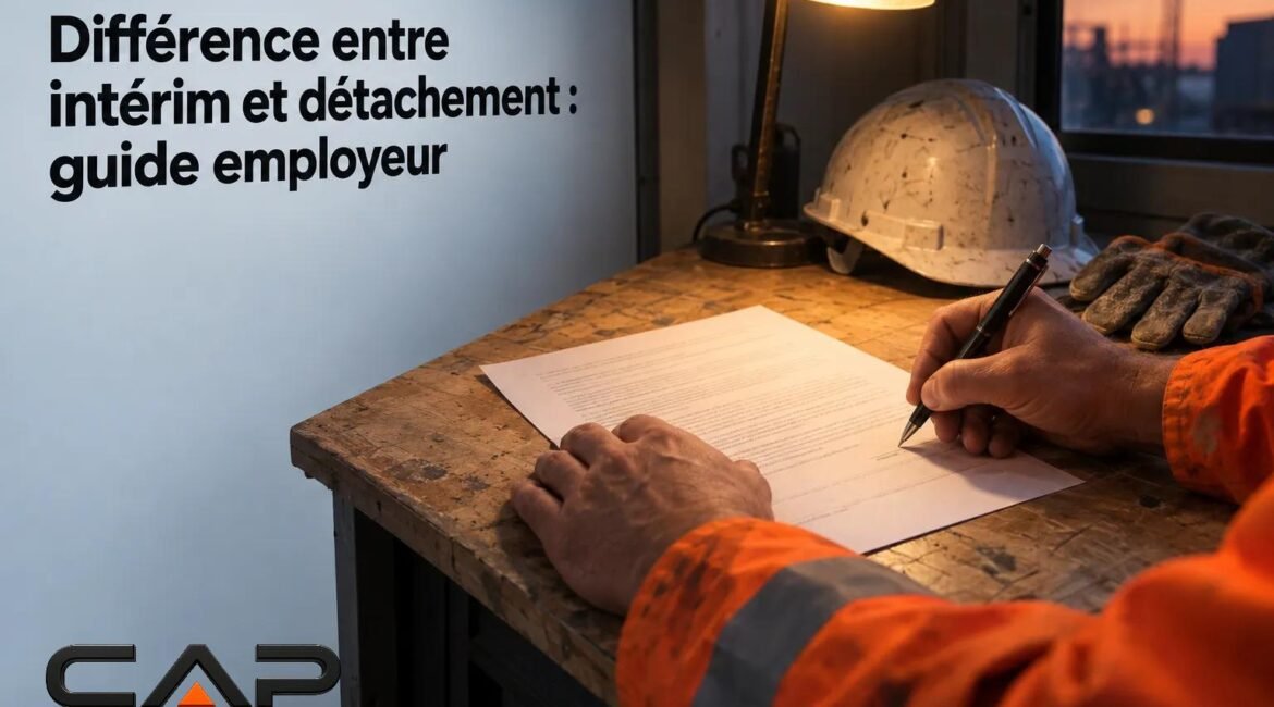 Un ouvrier signe un document sur une table de chantier avec un casque et des gants visibles à proximité.