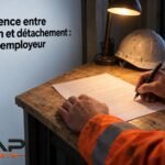 Un ouvrier signe un document sur une table de chantier avec un casque et des gants visibles à proximité.