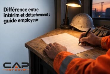Un ouvrier signe un document sur une table de chantier avec un casque et des gants visibles à proximité.