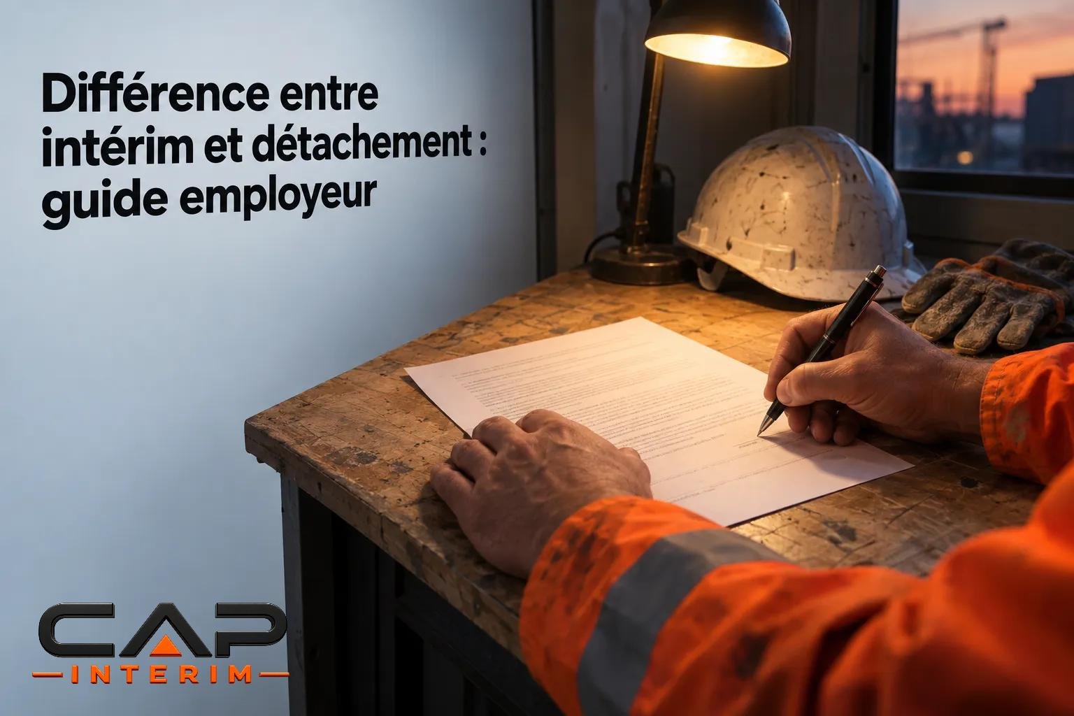 Un ouvrier signe un document sur une table de chantier avec un casque et des gants visibles à proximité.