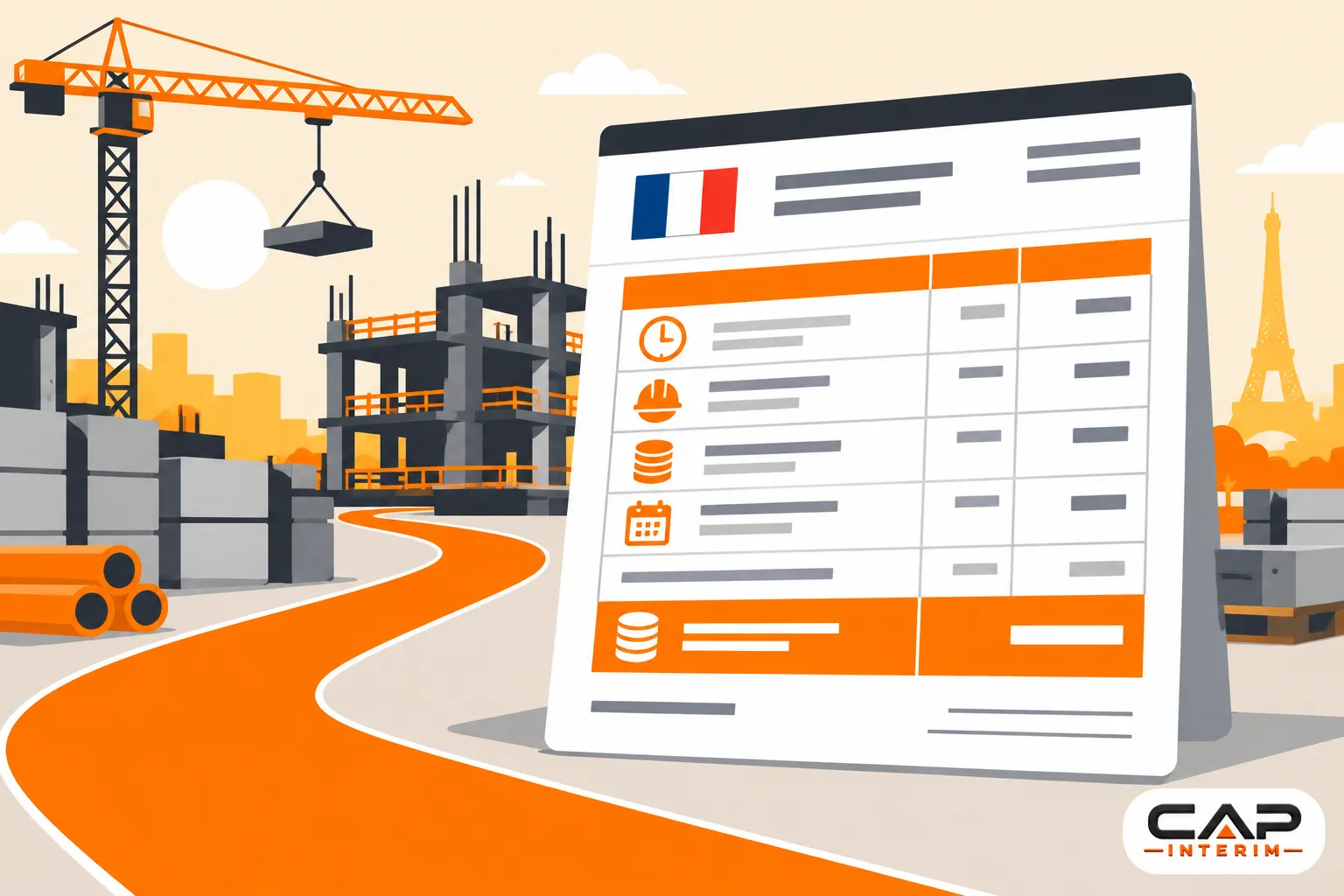 Planche de paie affichée sur un chantier de construction avec grue et bâtiments en arrière-plan.