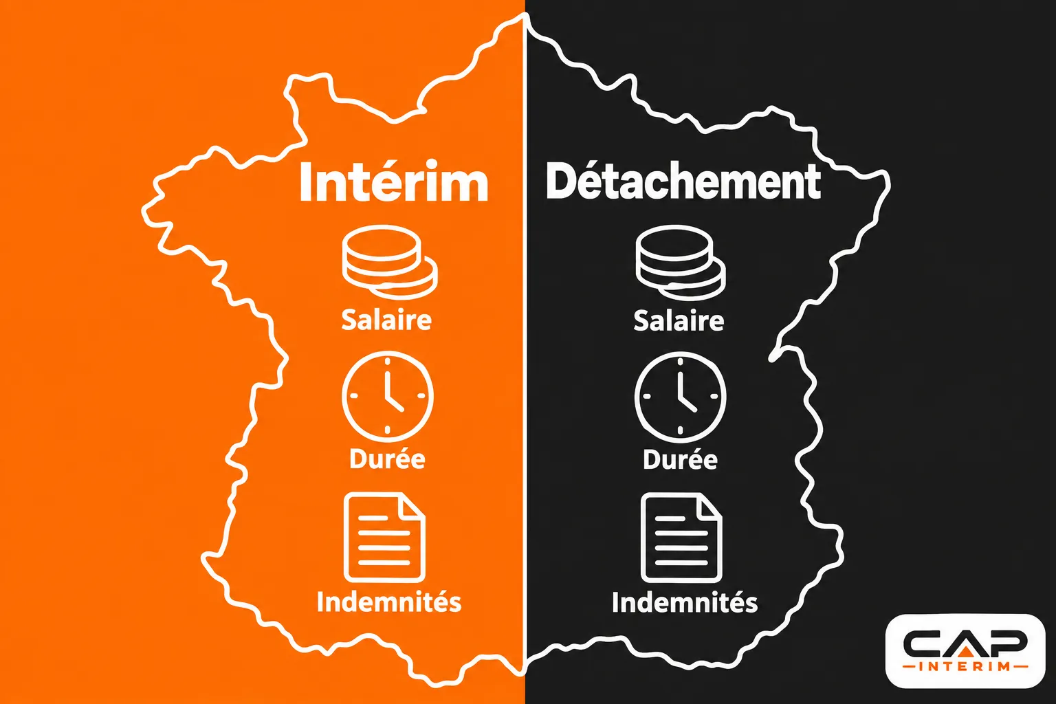 Schéma comparant l’intérim et le détachement en France avec des icônes de salaire, durée et indemnités sur fond orange pour