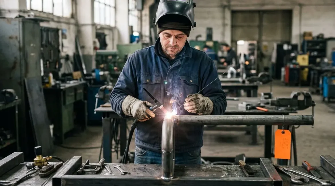 Soudeur roumain en France au travail: soudage MIG sur une pièce métallique dans un atelier, équipements de protection et ambiance industrielle.