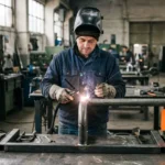 Soudeur roumain en France au travail: soudage MIG sur une pièce métallique dans un atelier, équipements de protection et ambiance industrielle.
