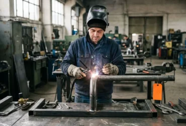 Soudeur roumain en France au travail: soudage MIG sur une pièce métallique dans un atelier, équipements de protection et ambiance industrielle.