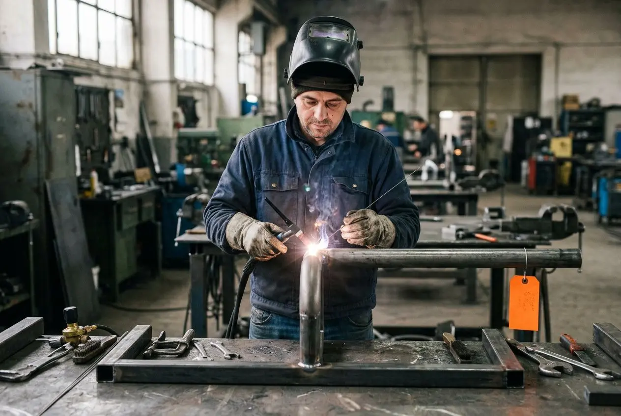 Soudeur roumain en France au travail: soudage MIG sur une pièce métallique dans un atelier, équipements de protection et ambiance industrielle.