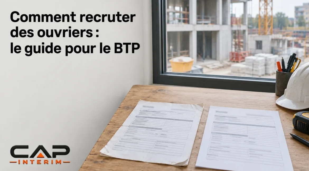 Spreadsheets et plans de chantier posés sur un établi en bois devant une fenêtre, à côté d’un casque et d’outils.