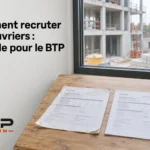 Spreadsheets et plans de chantier posés sur un établi en bois devant une fenêtre, à côté d’un casque et d’outils.