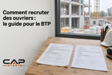 Spreadsheets et plans de chantier posés sur un établi en bois devant une fenêtre, à côté d’un casque et d’outils.