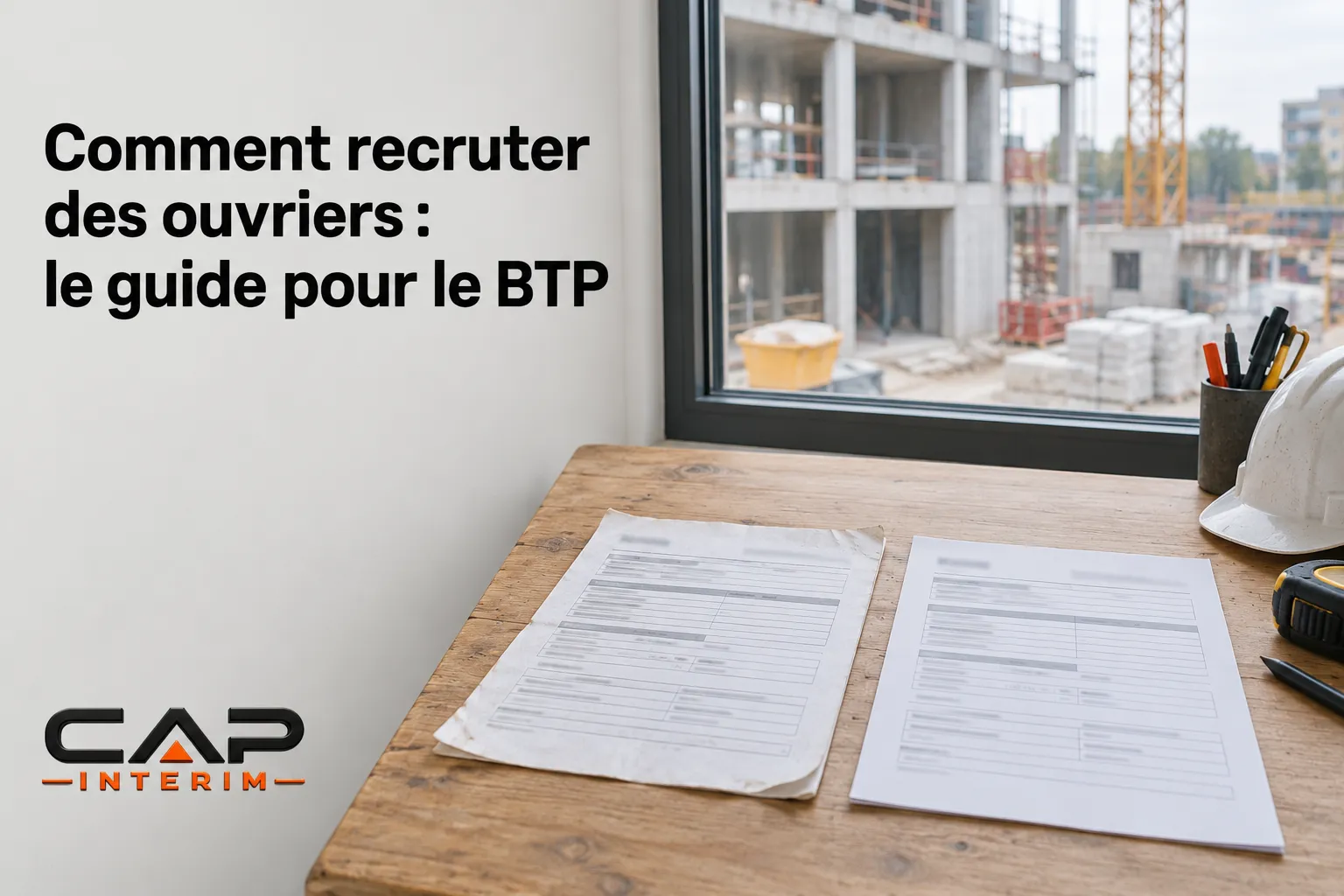 Spreadsheets et plans de chantier posés sur un établi en bois devant une fenêtre, à côté d’un casque et d’outils.