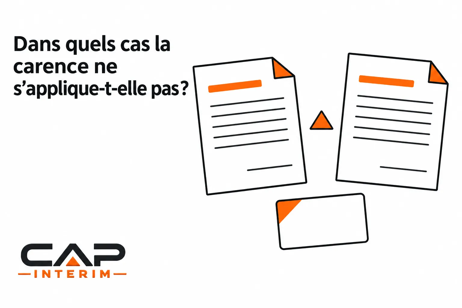 Trois documents blancs avec des coins orange et une petite forme triangulaire orange entre eux.