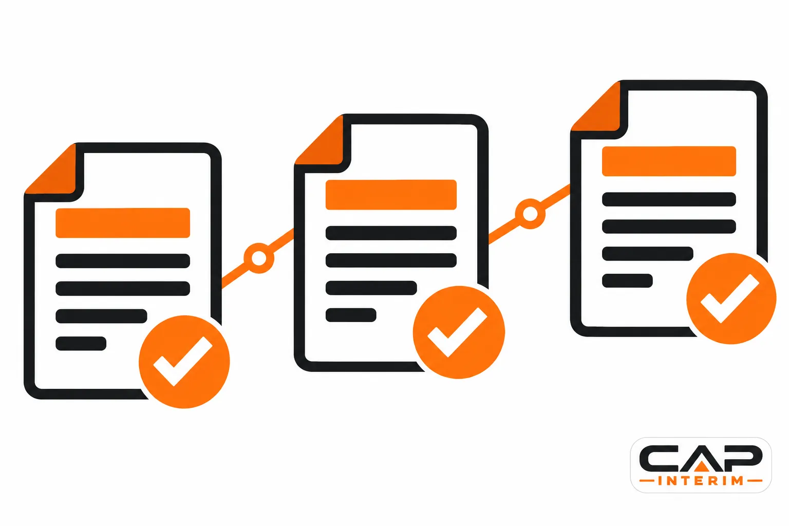 Trois documents reliés entre eux portent chacun une coche orange.