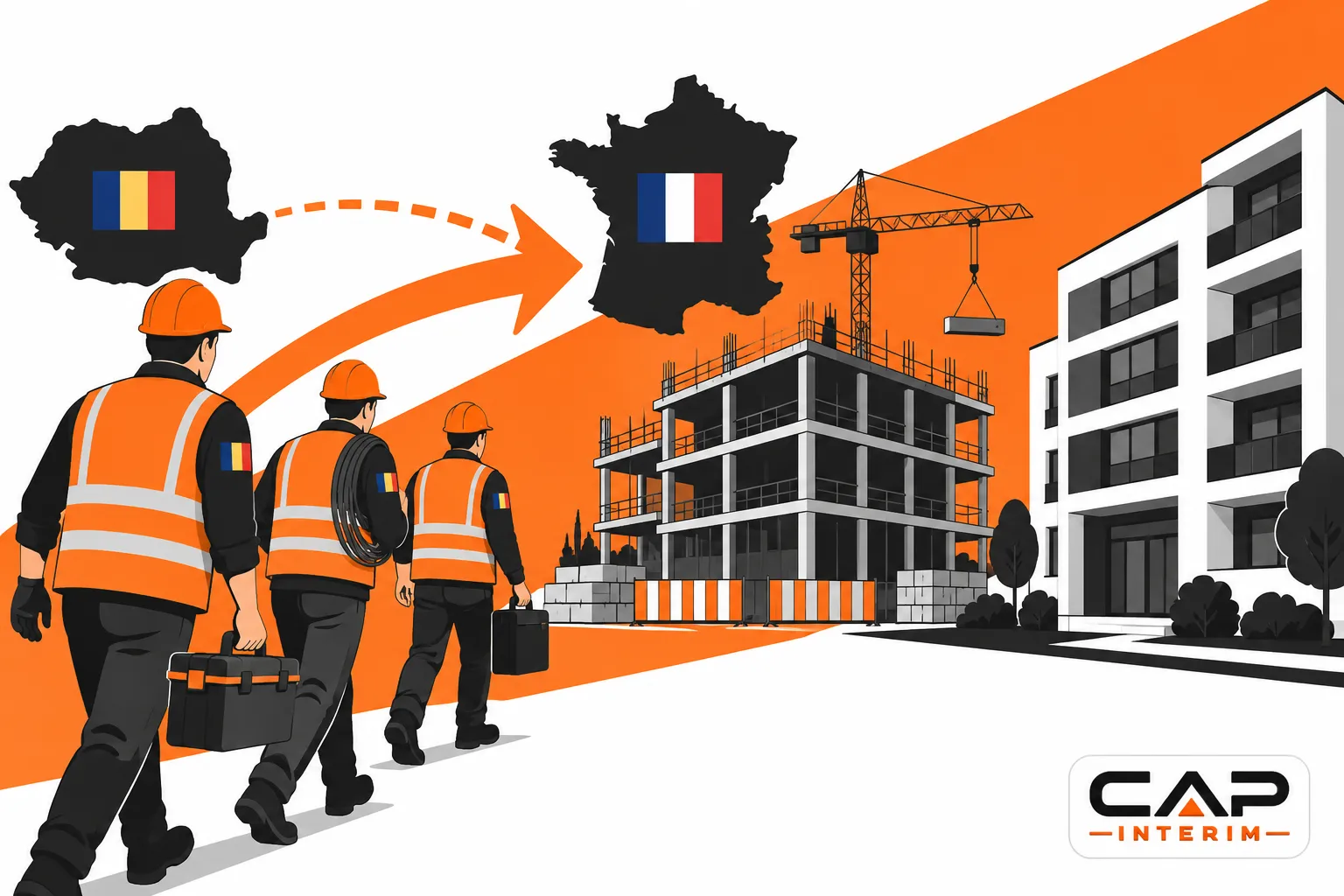 Trois ouvriers en gilets orange marchent vers un chantier de construction avec une maquette de bâtiment en arrière-plan et