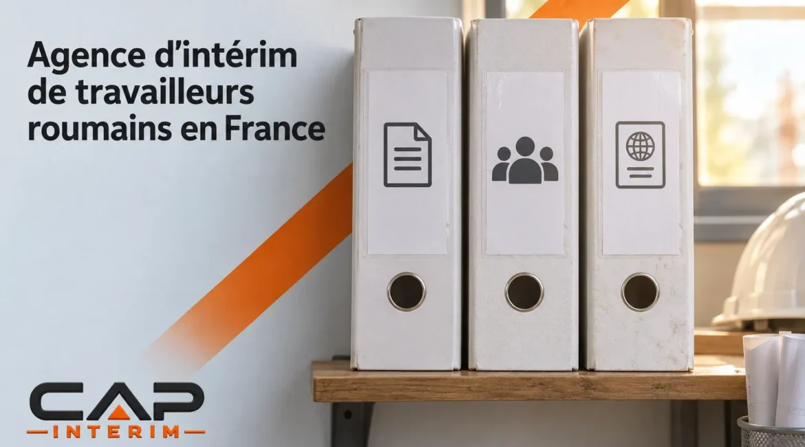 Vitrine montrant des classeurs gris sur une étagère et le logo CAP Intérim à gauche, représentant une agence d’intérim de