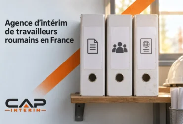 Vitrine montrant des classeurs gris sur une étagère et le logo CAP Intérim à gauche, représentant une agence d’intérim de