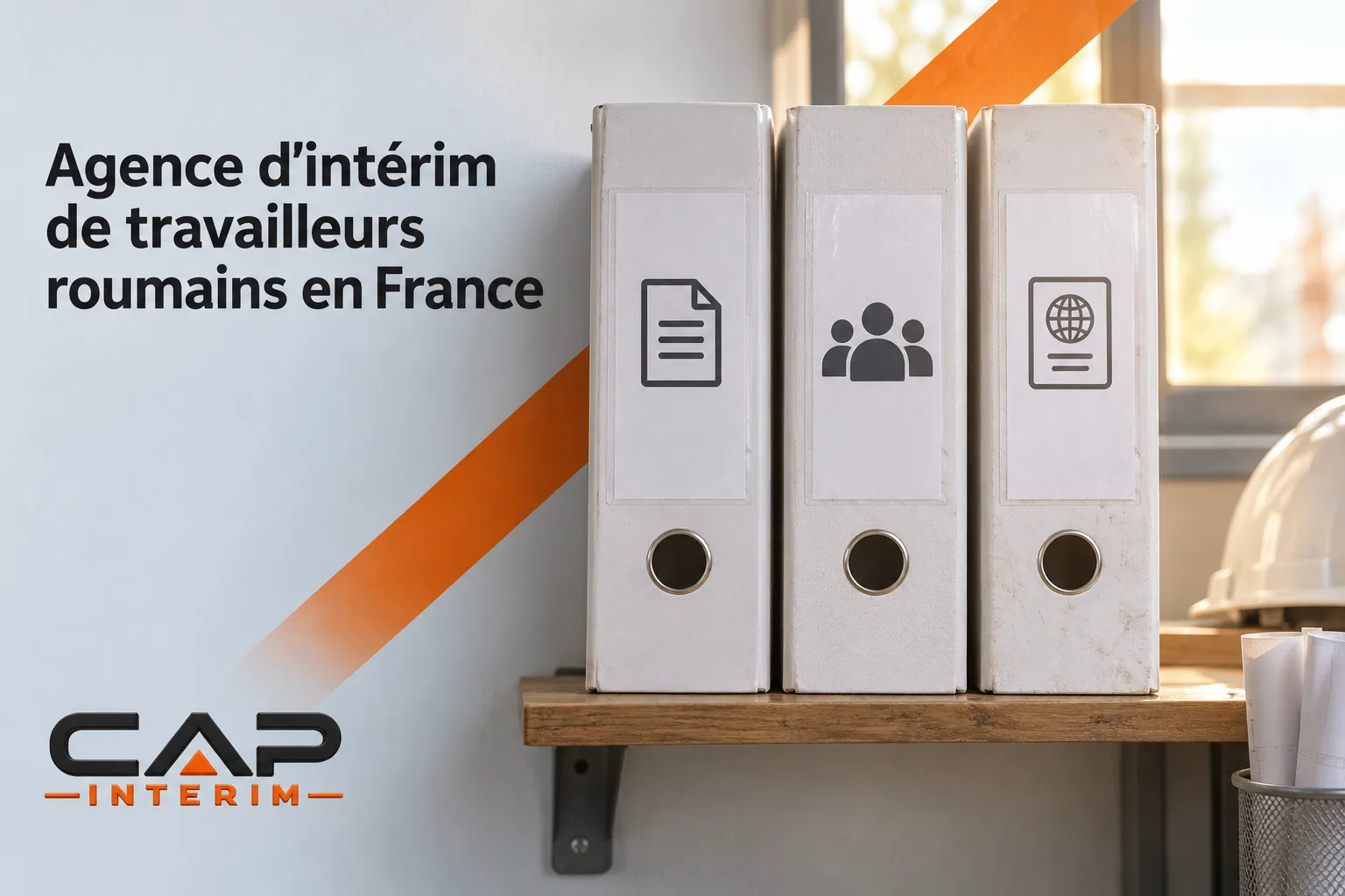 Vitrine montrant des classeurs gris sur une étagère et le logo CAP Intérim à gauche, représentant une agence d’intérim de